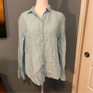 J. CREW 100% Linen Blue and White Striped Oxford Shirt Women’s Size 8 Slim